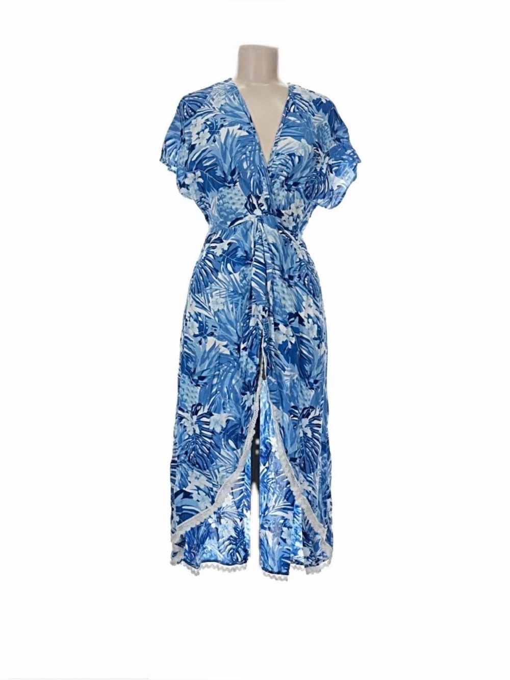 America & Beyond Blue Tropical Print dress with large opening in front